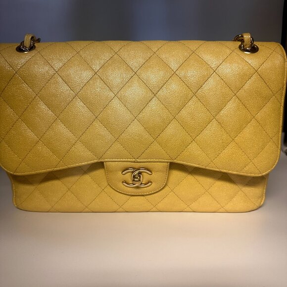 Chanel Yellow Iridescent Quilted Caviar Double Flap Bag - Picture 1 of 11